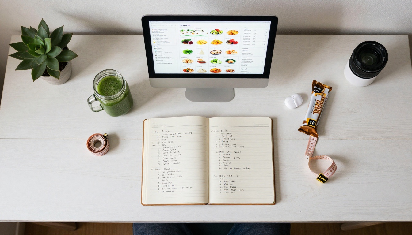 Overhead flat-lay of a personal trainer desk with digital nutrition plan on laptop and training tools