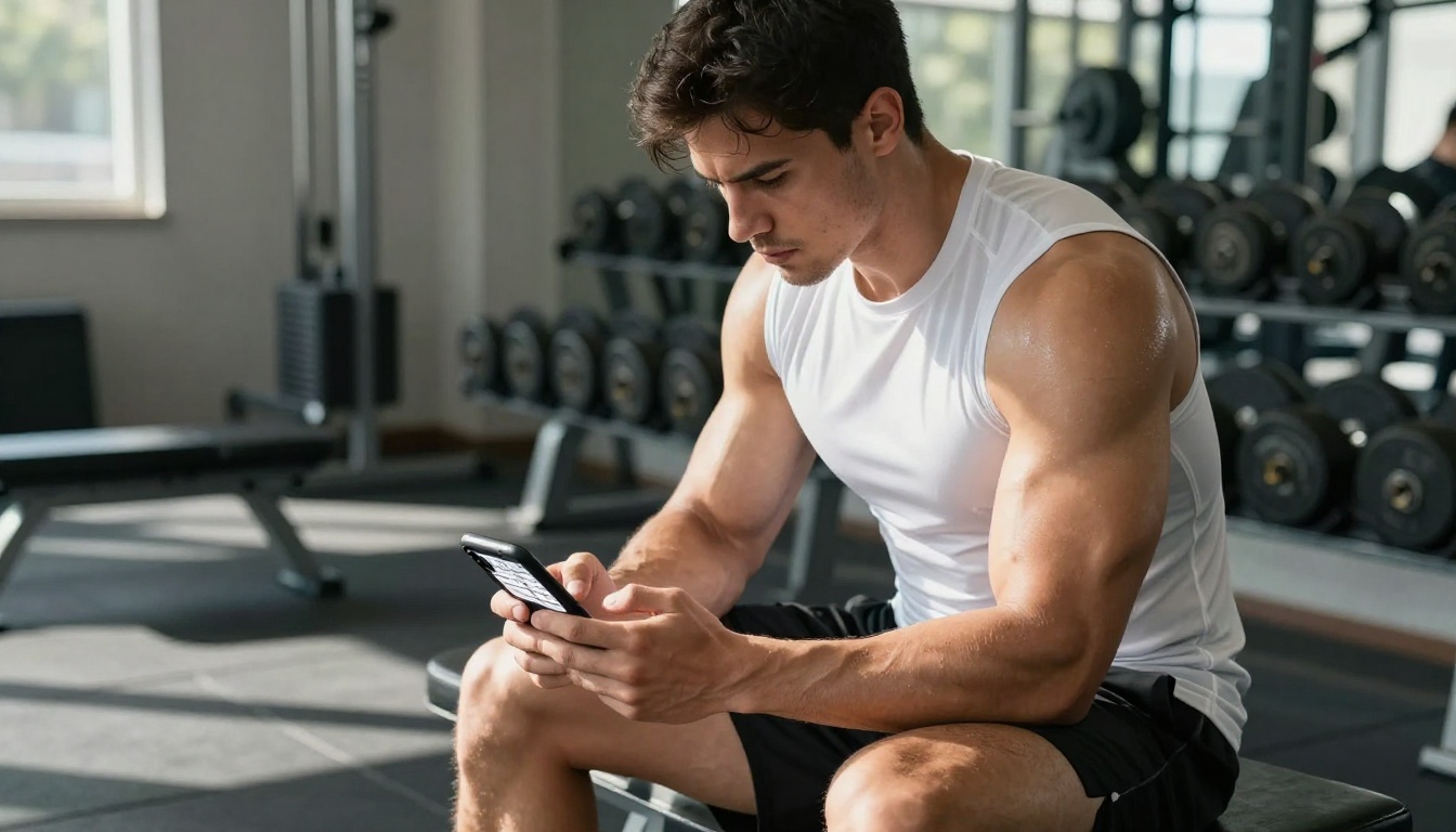 Male athlete reviewing a digital workout plan on smartphone while sitting on a gym bench
