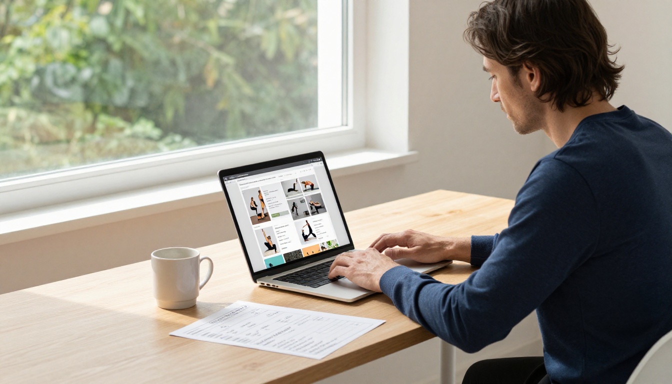 Personal trainer building a fitness flipbook on laptop at a home office desk