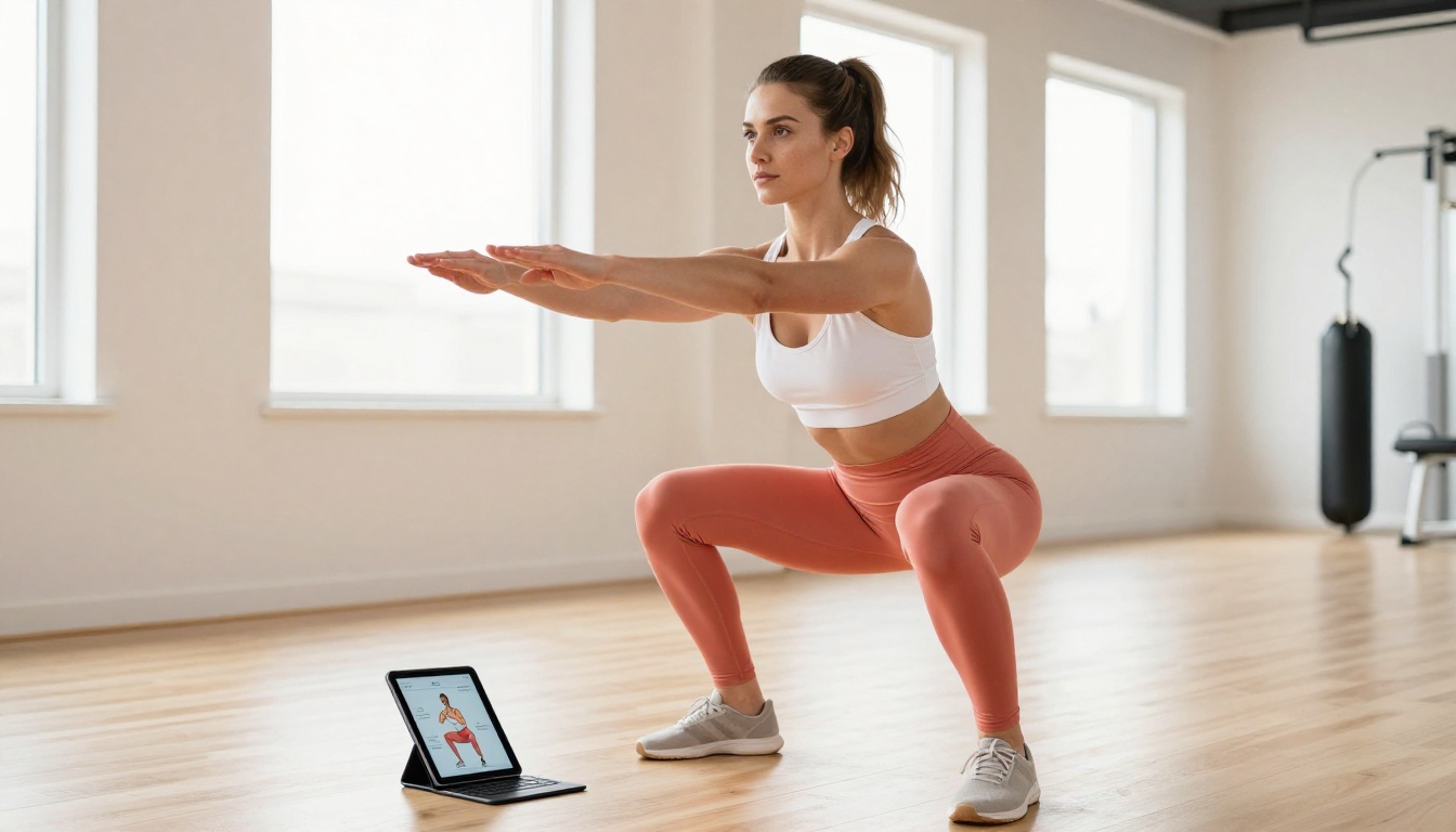Woman performing a perfect squat with a digital exercise flipbook displayed on a tablet stand in a gym