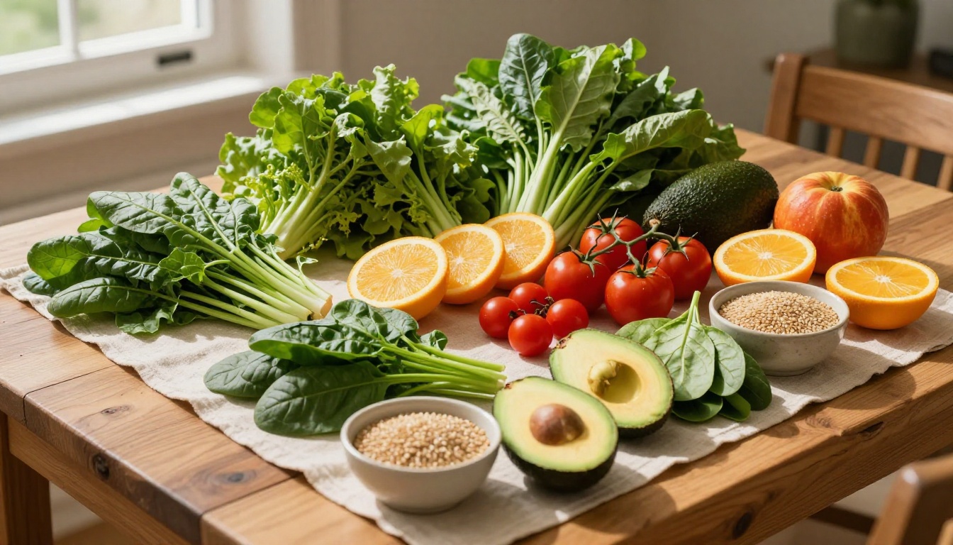 Vibrant array of seasonal vegetables and fruits arranged on a consultation table