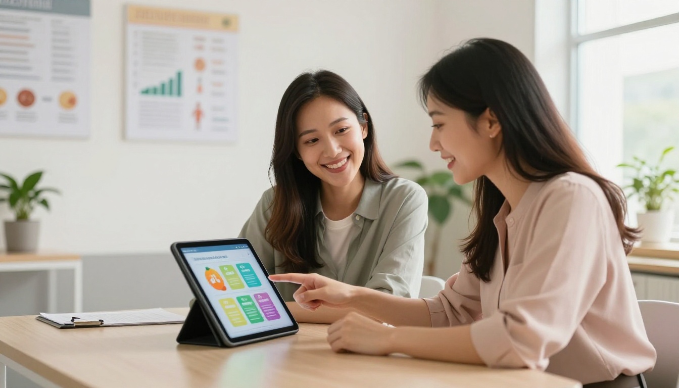 Nutritionist consulting with client over tablet screen