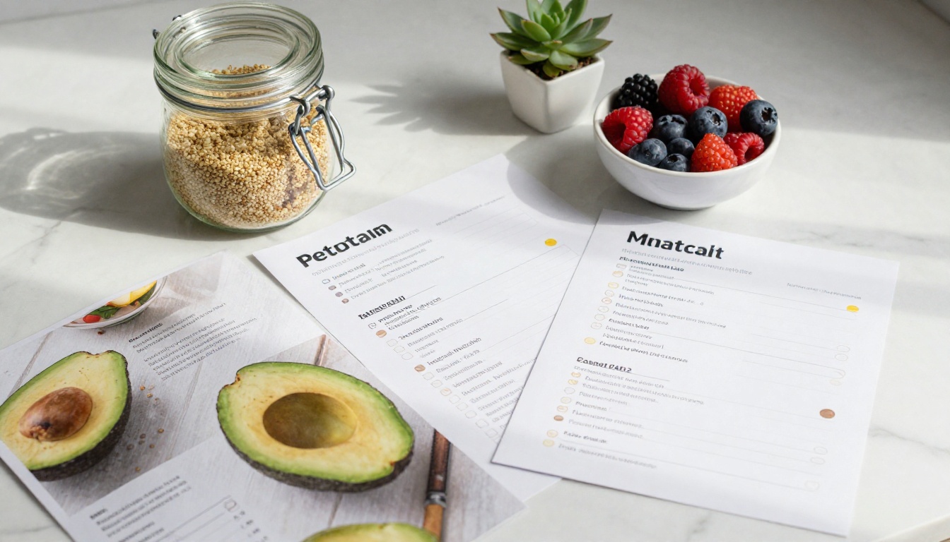 Meal plan pages and nutrition materials on marble countertop