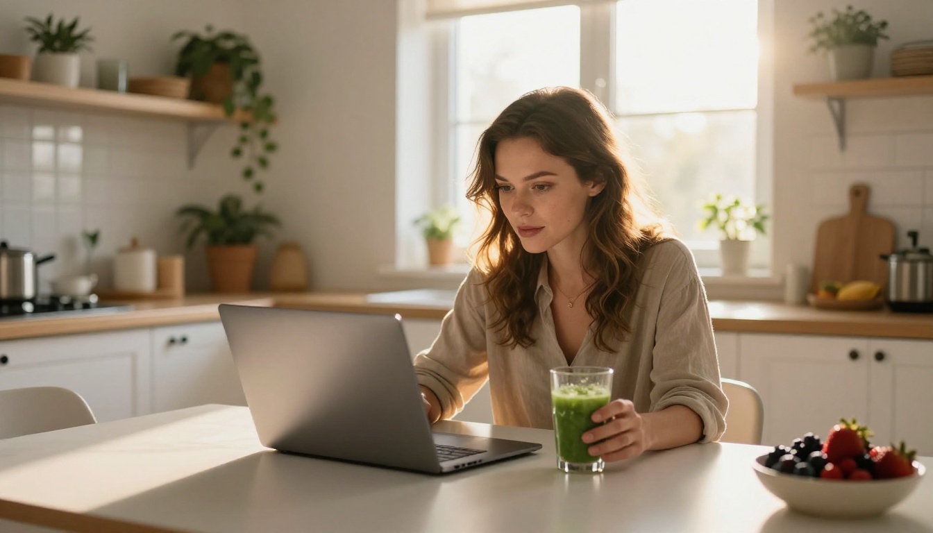 Woman reviewing nutrition content on laptop in bright kitchen