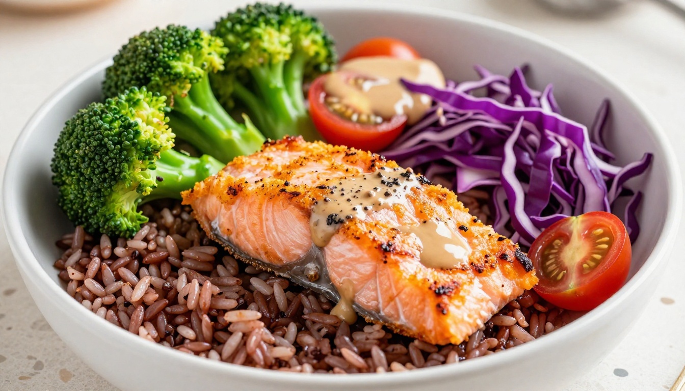 Meticulously plated healthy lunch bowl with salmon and vegetables
