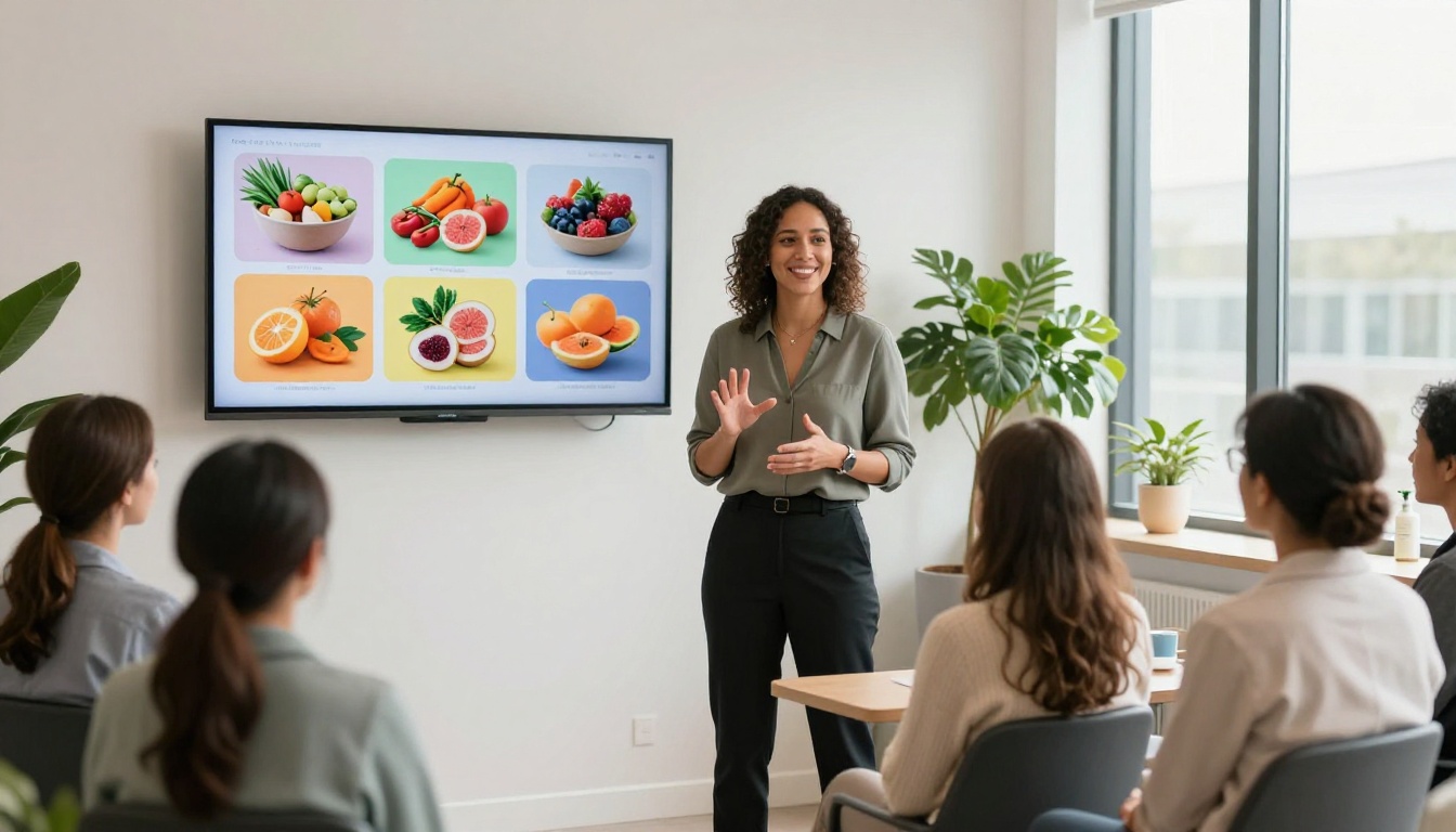 Female nutritionist presenting to clients in a wellness clinic