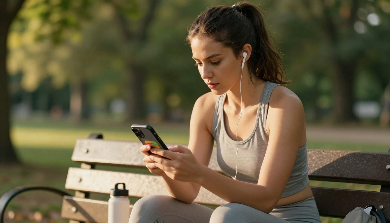 Young woman reading nutrition resource on smartphone in a park