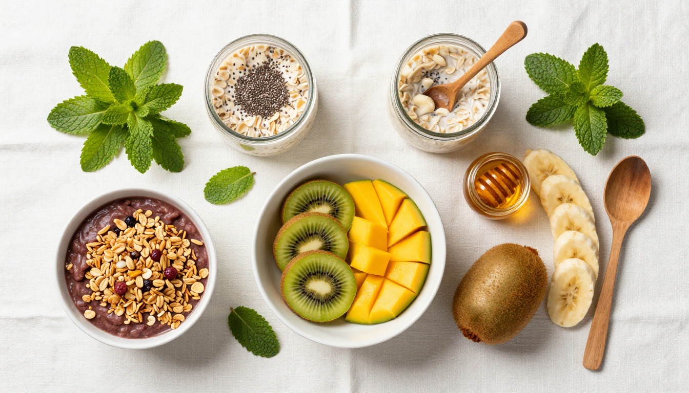 Aerial flat-lay of artfully arranged healthy breakfast spread