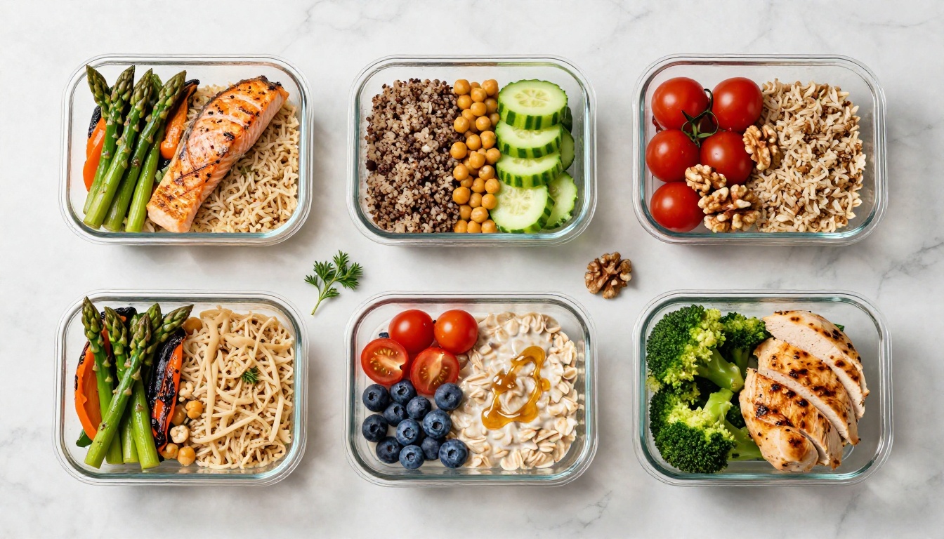 Six glass meal prep containers with colorful balanced meals arranged symmetrically on a white marble countertop
