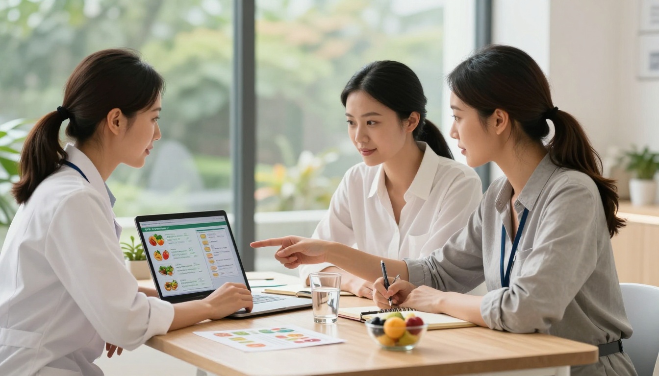 Dietitian consulting with a client at a modern wellness clinic table with nutrition documents and laptop