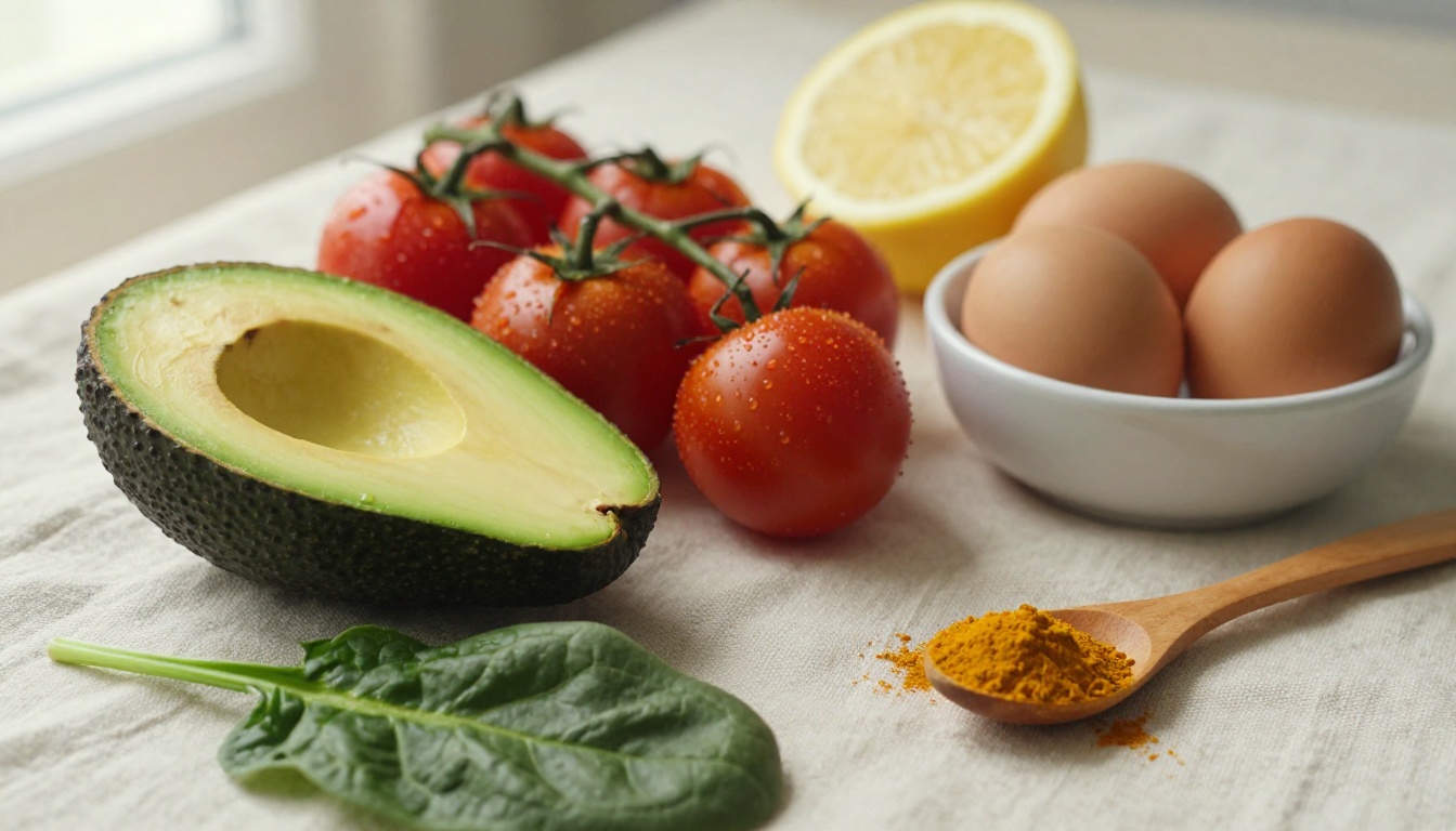 Close-up flat-lay of fresh whole food ingredients on linen including avocado halves, cherry tomatoes, spinach, and lemon