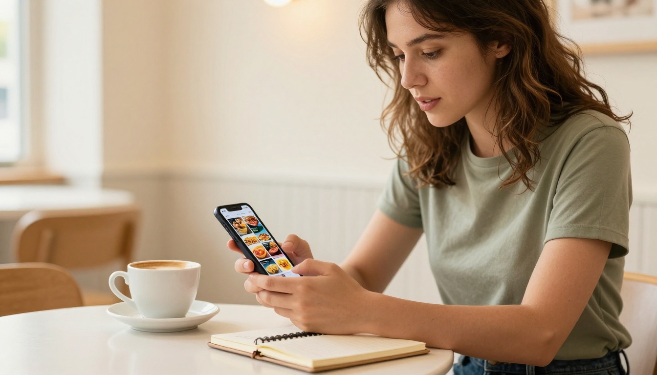 Young woman in a cafe scrolling through a digital flipbook meal plan on her smartphone with coffee on the table