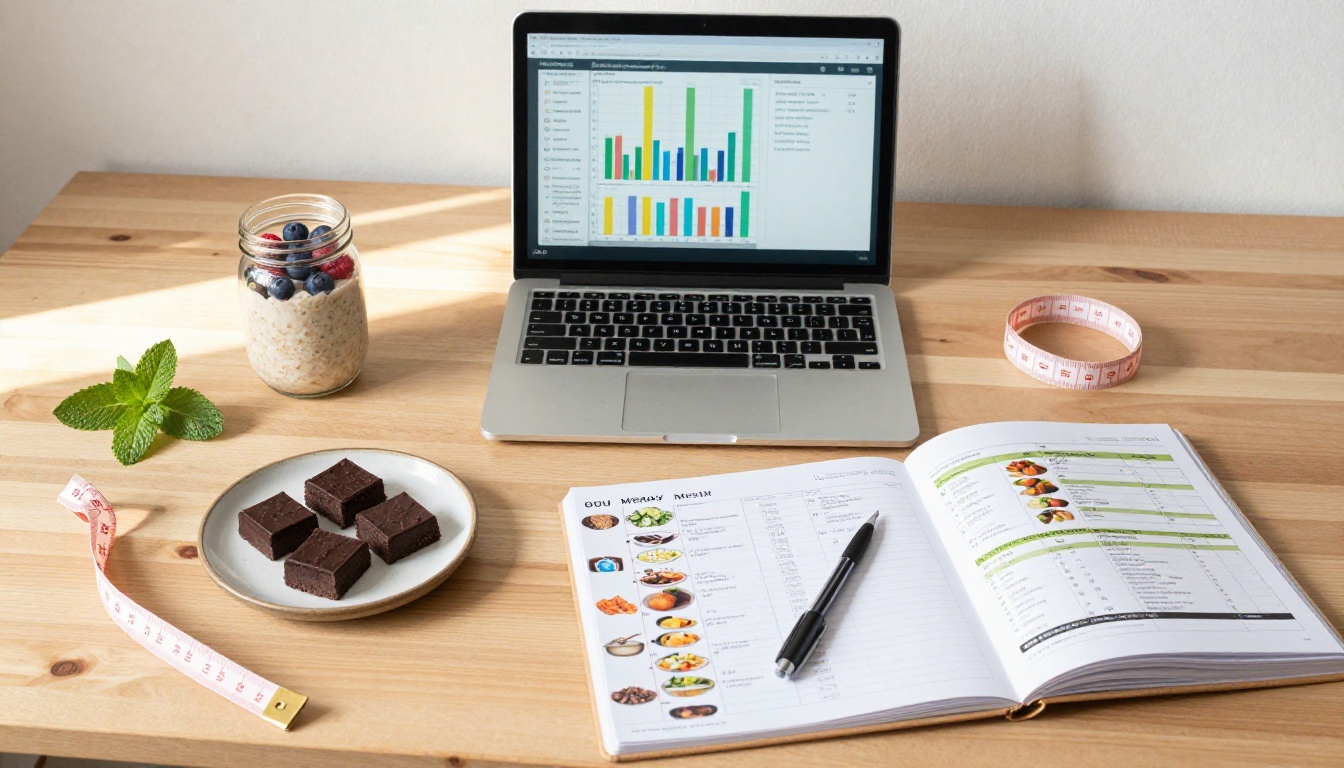 Nutrition coach workspace with MacBook, printed weekly meal plan, mason jar with oats, and nutrition book on oak desk