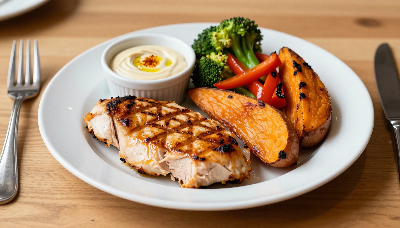 Perfectly plated balanced meal with grilled chicken, roasted sweet potato wedges, and mixed vegetables on white ceramic plate