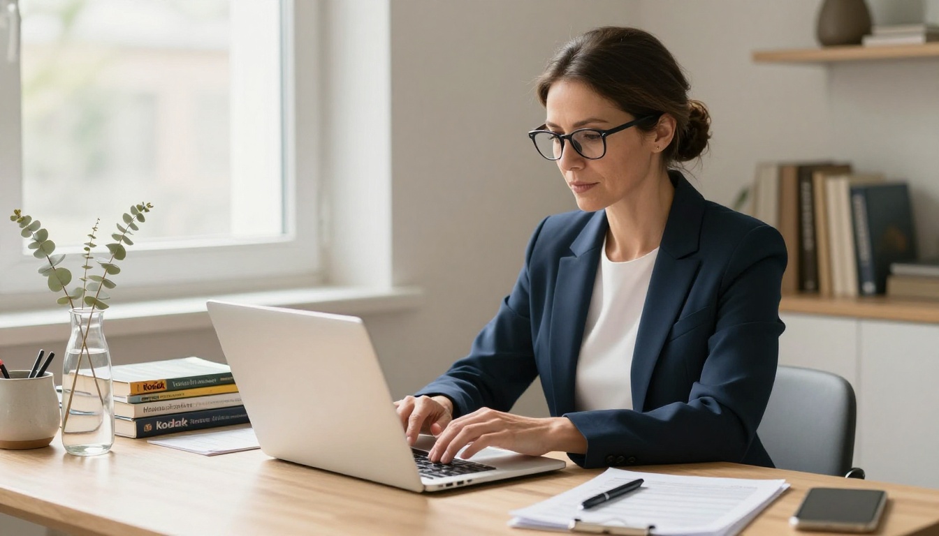 Female health coach typing on a white MacBook at a professional home office desk near a window with natural sidelight