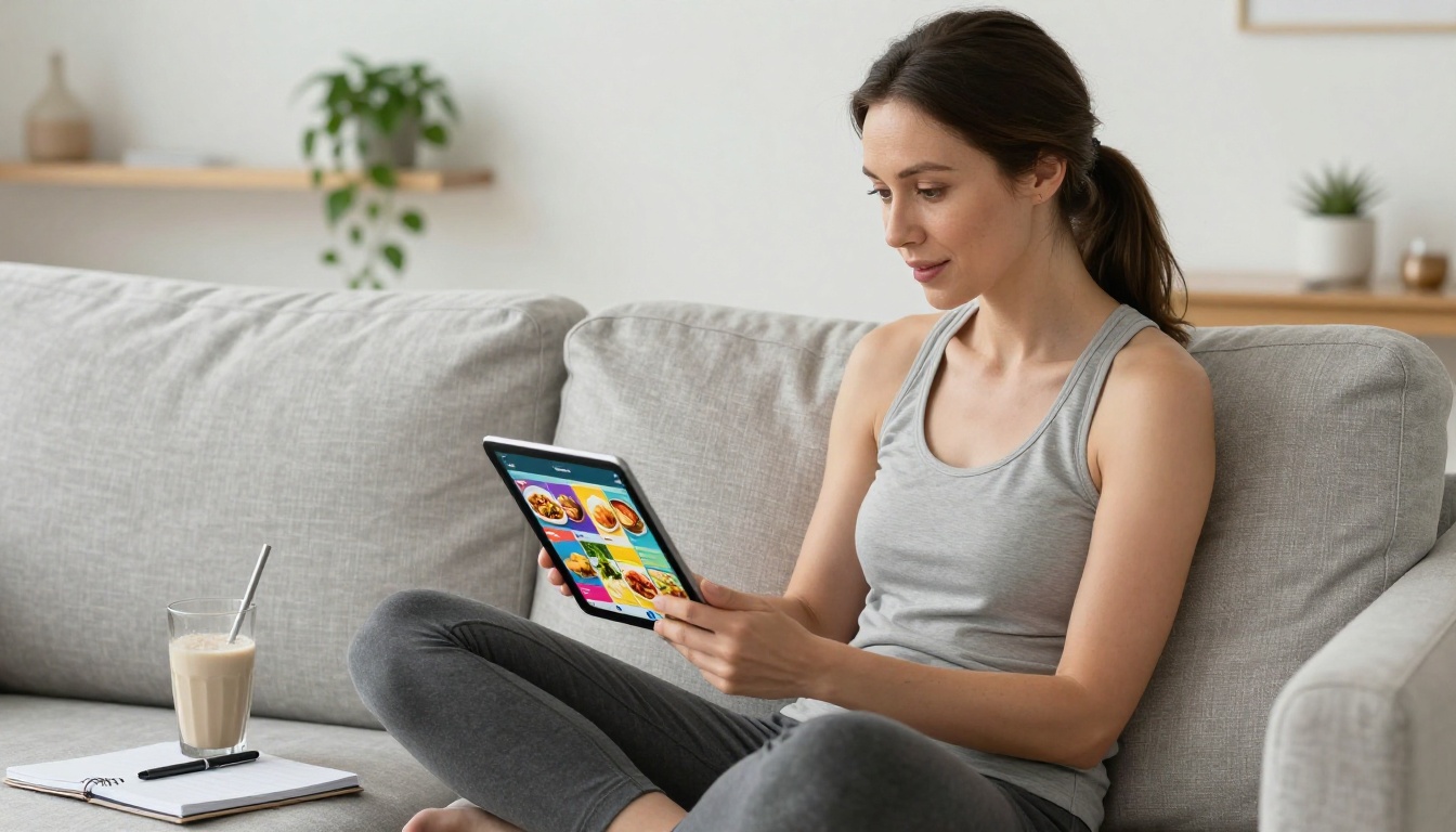 Client on a light grey sofa holding a tablet displaying colorful flipbook-style meal plan pages with genuine delight