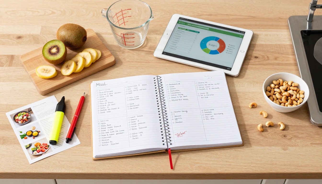 Overhead view of a meal planning session with a spiral planner, iPad, recipe cards, cutting board, and fresh food on a kitchen table