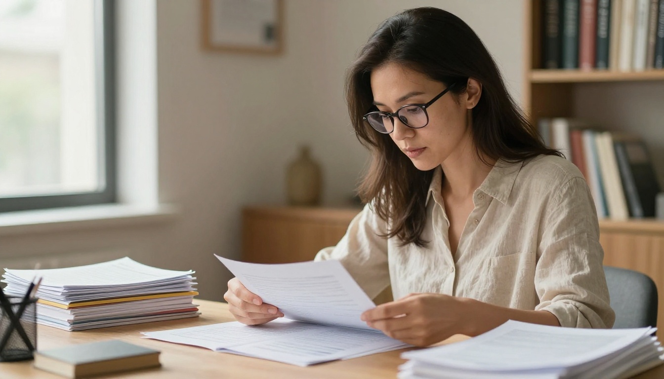 Woman organizing printed coaching documents Woman organizing printed coaching documents