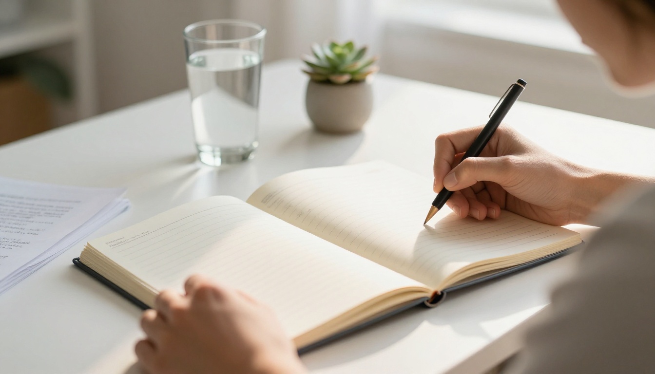 Client taking handwritten notes with coaching workbook open