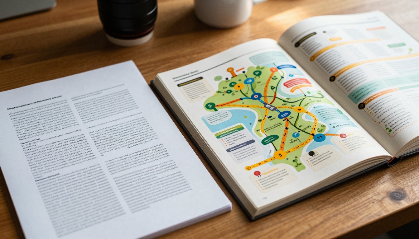 PDF document vs colorful flipbook roadmap side by side on a desk