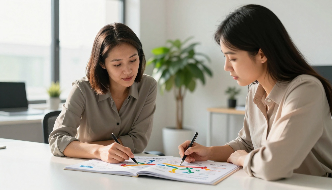 Career coach and client reviewing a flipbook roadmap together