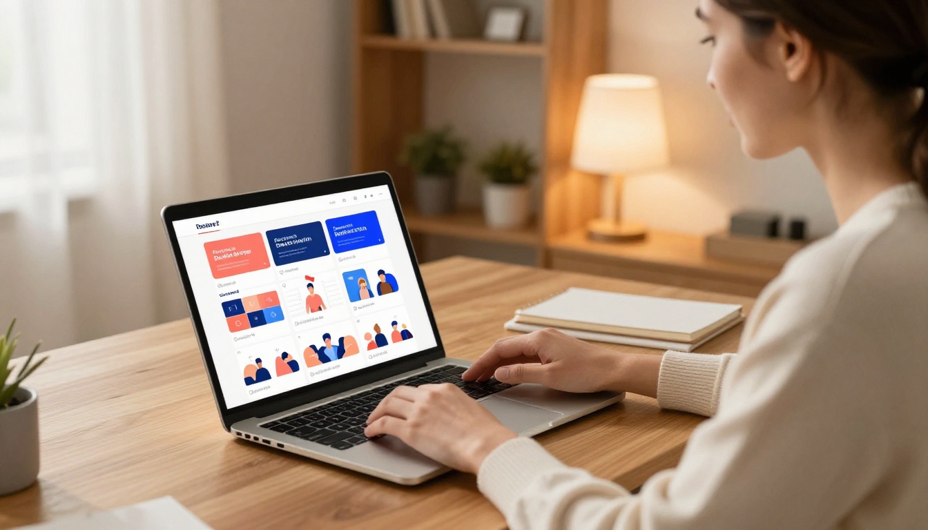 Woman opening a career flipbook on her laptop in a home office