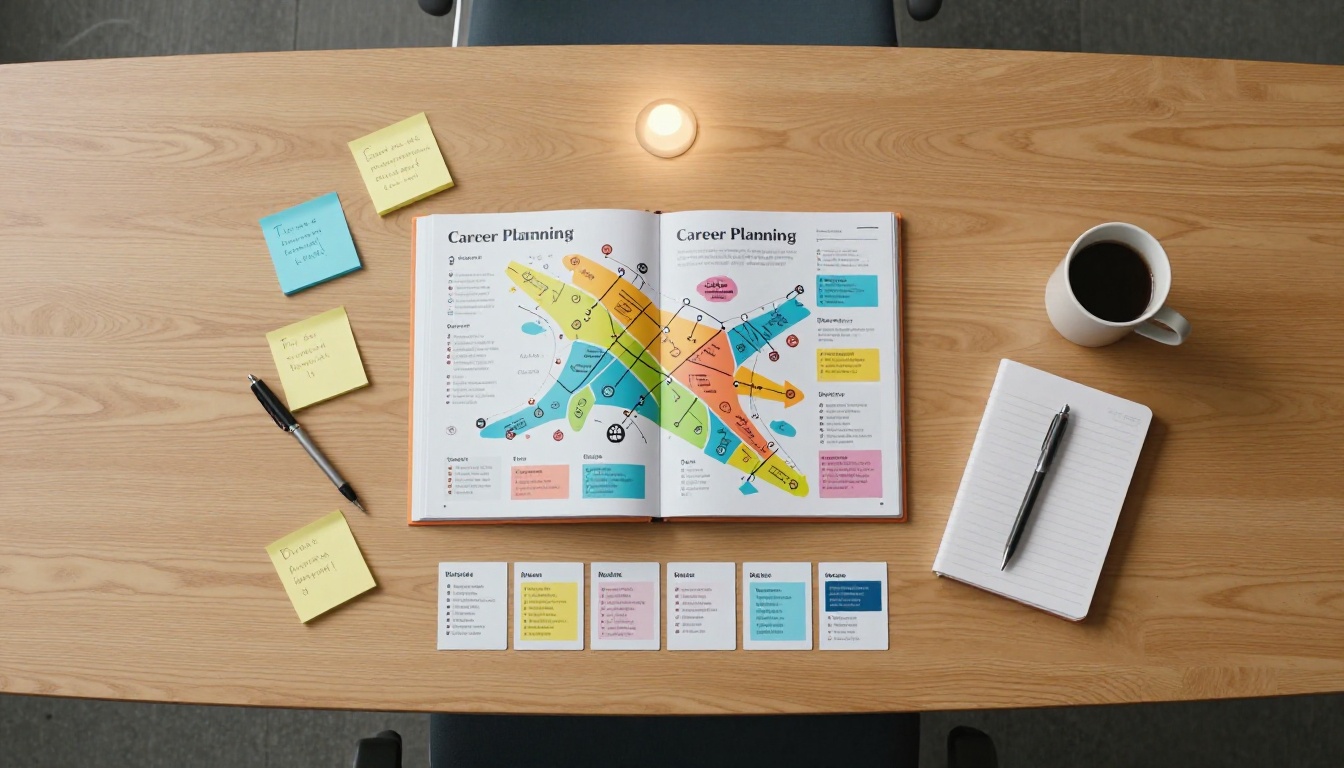 Aerial flat-lay of career planning materials and flipbook on a conference table