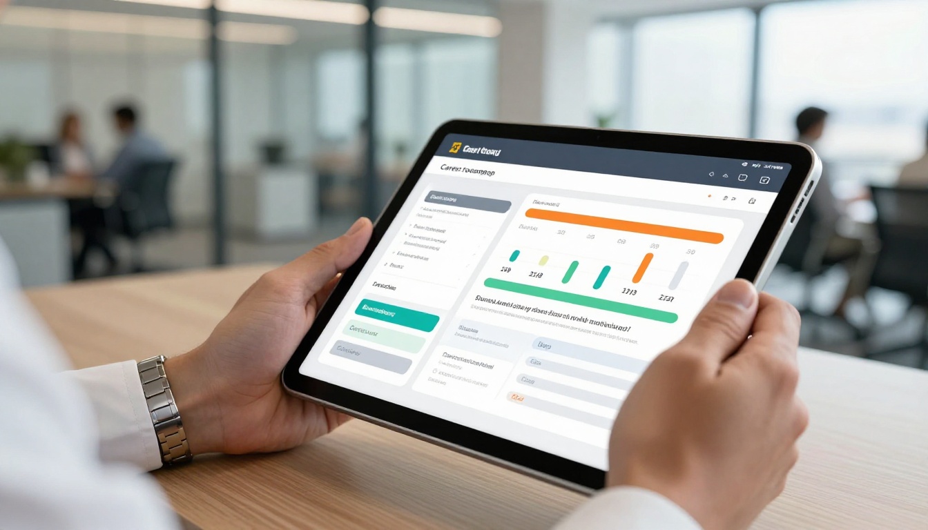 Professional using iPad to review a digital career roadmap document