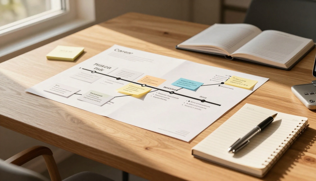 Career path timeline spread across a clean modern desk with sticky notes