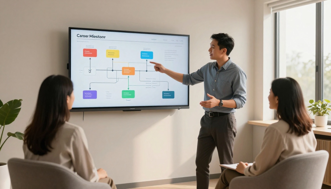 Career coach presenting a digital roadmap to a client on a large monitor