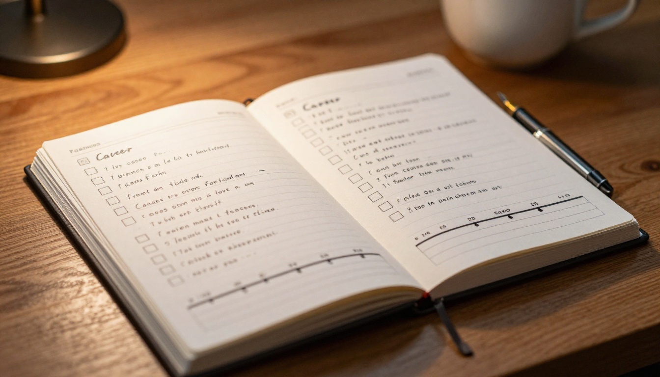 Close-up of a flipbook page with career milestones and handwritten action steps