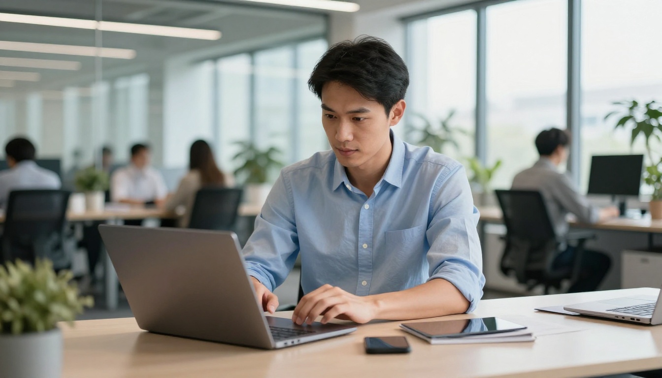 Event planner reviewing digital speaker materials on laptop