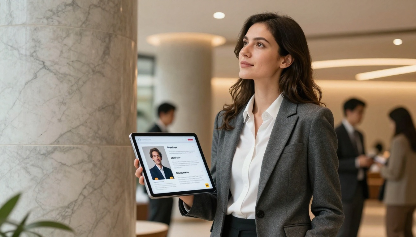 Speaker holding tablet displaying interactive bio flipbook