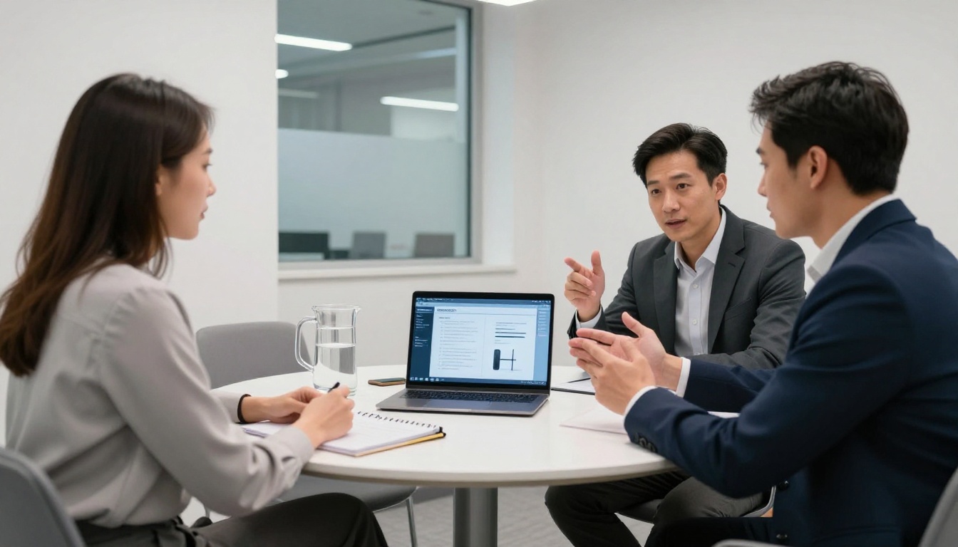 Two professionals reviewing speaker bio flipbook together