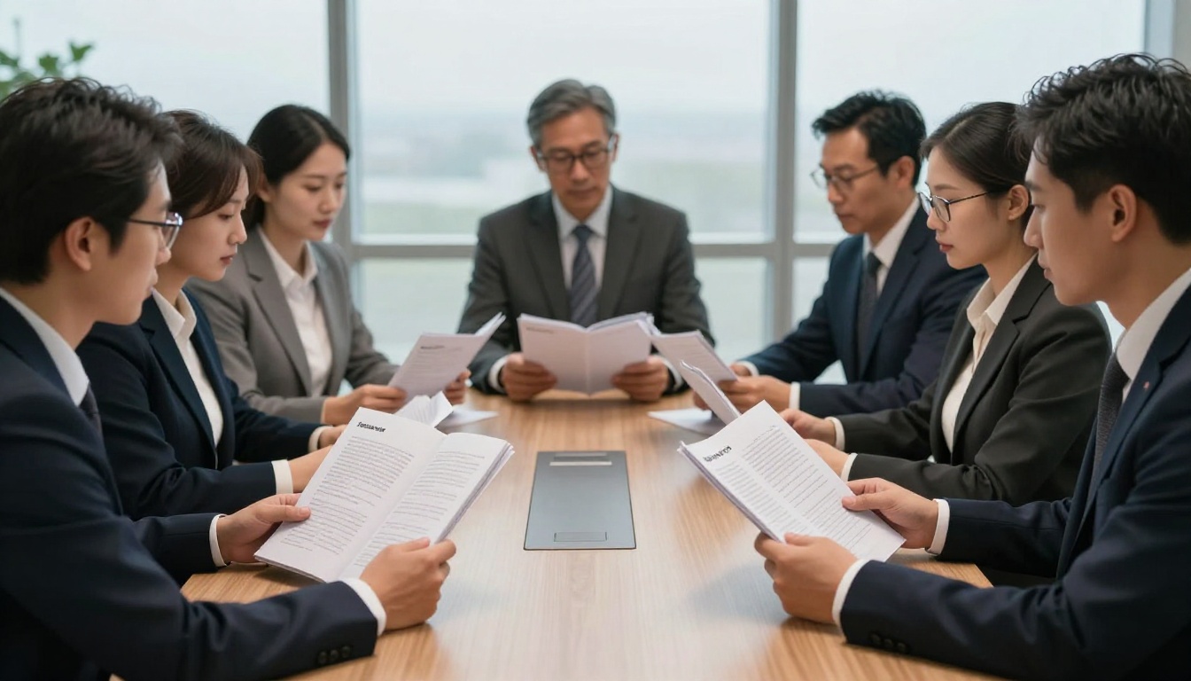 Five business professionals around a conference table holding flipbooks Five business professionals around a conference table holding flipbooks
