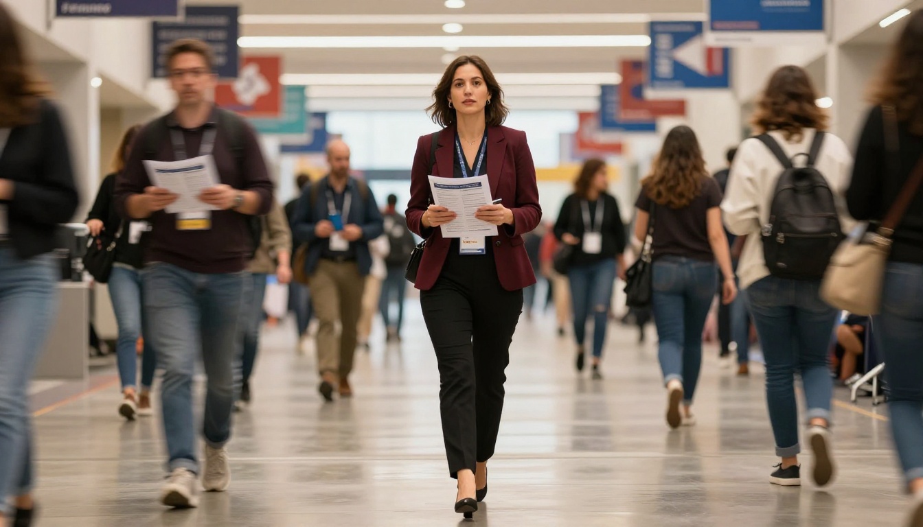 Professional speaker walking through conference with digital materials