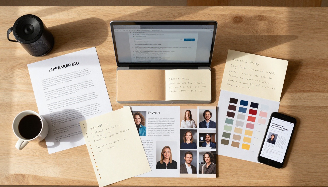 Organized desk workspace showing the speaker bio creation process