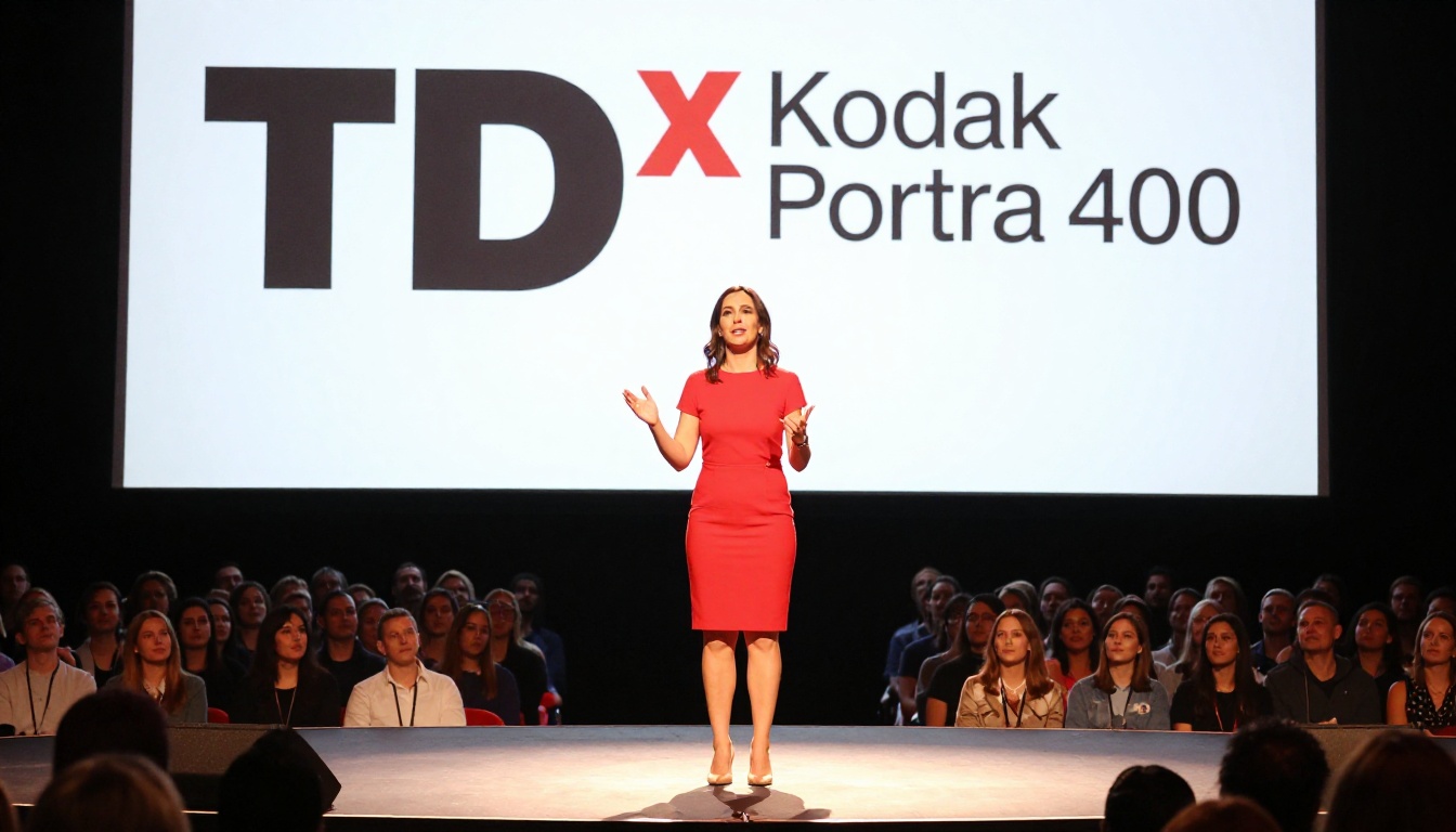 Speaker presenting at TEDx-style conference on large stage