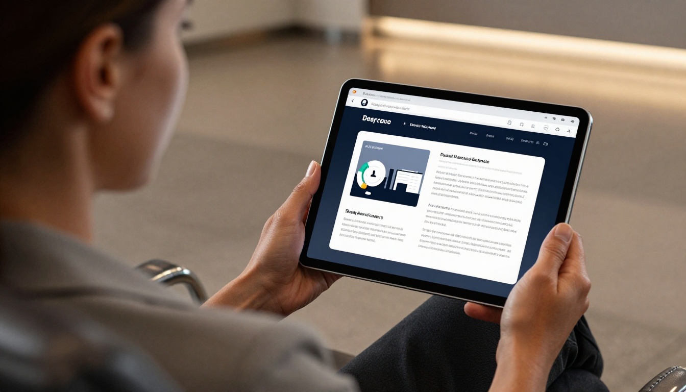 Professional woman reviewing digital flipbook on iPad at an airport lounge