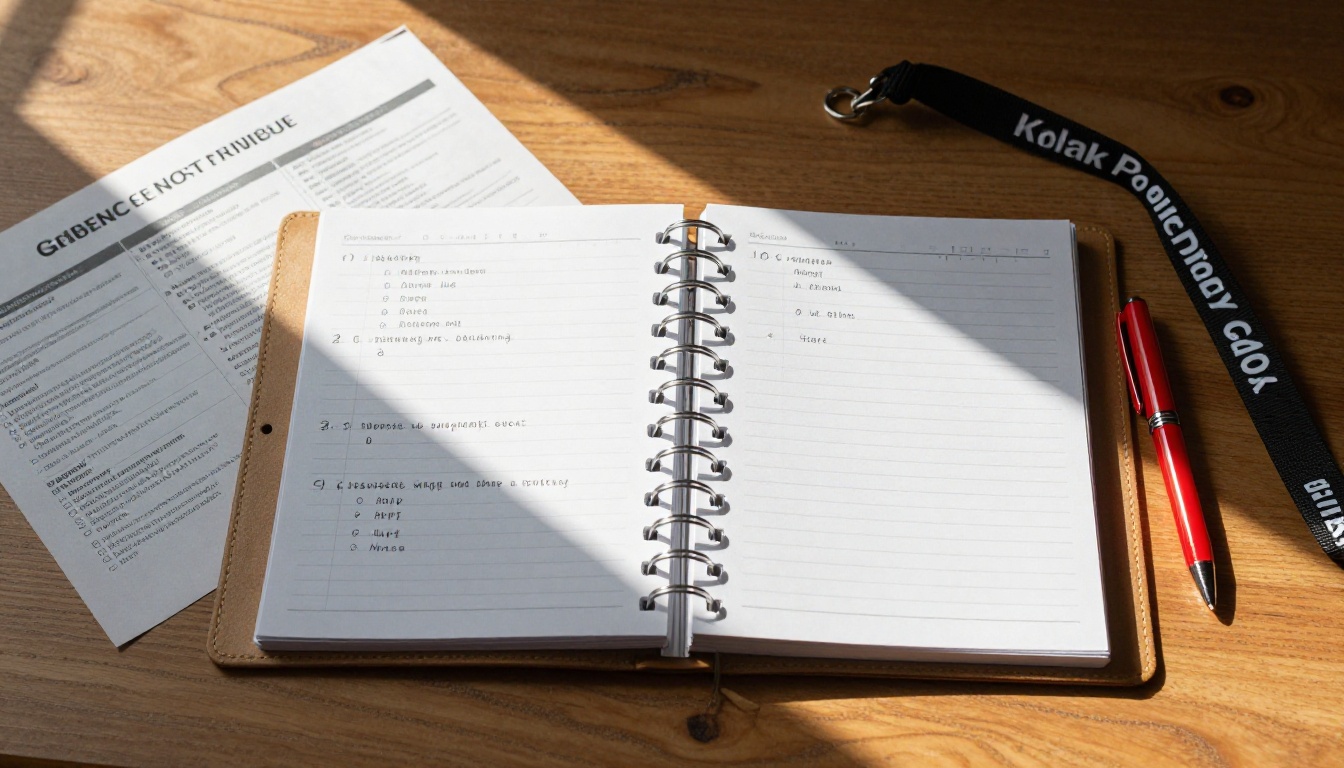 Flat lay of flipbook preparation workspace with annotated notes, schedule, and lanyard