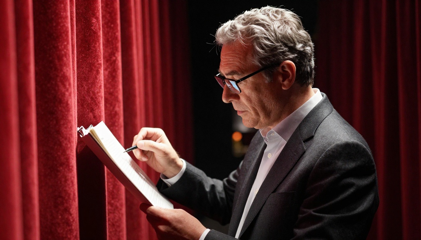 Male presenter reviewing flipbook backstage before going on stage, illuminated by stage light