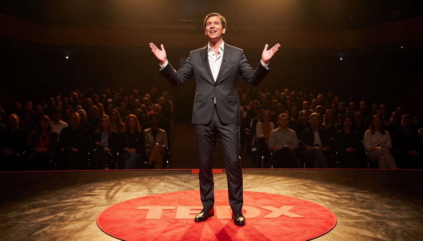 TEDx speaker mid-presentation on stage gesturing to a silent audience