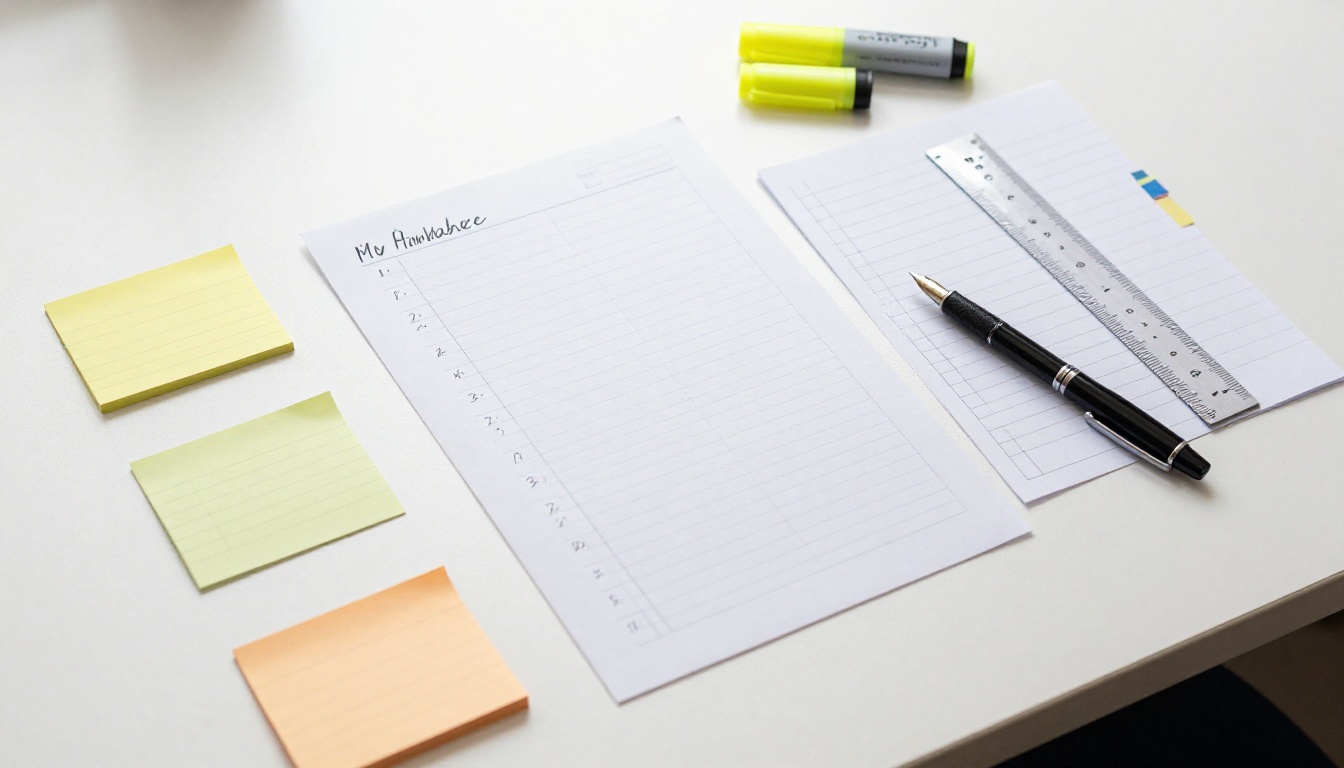 Overhead flat-lay of organized handwritten notes, index cards, and a structured talk outline on a white desk