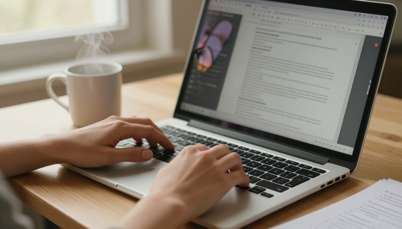 Close-up of hands typing on a laptop preparing a structured document from speaker notes