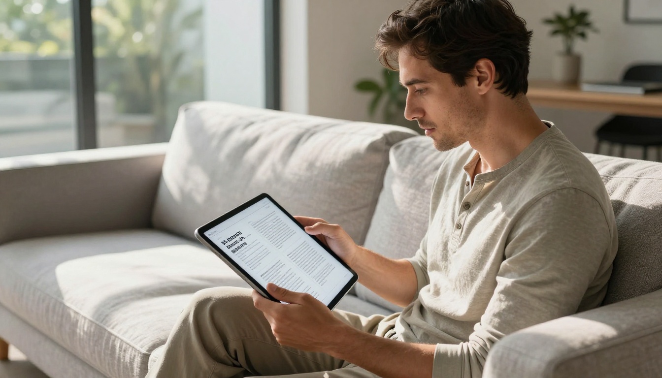 Man leaning forward reading an interactive flipbook on a tablet in a sunlit living room