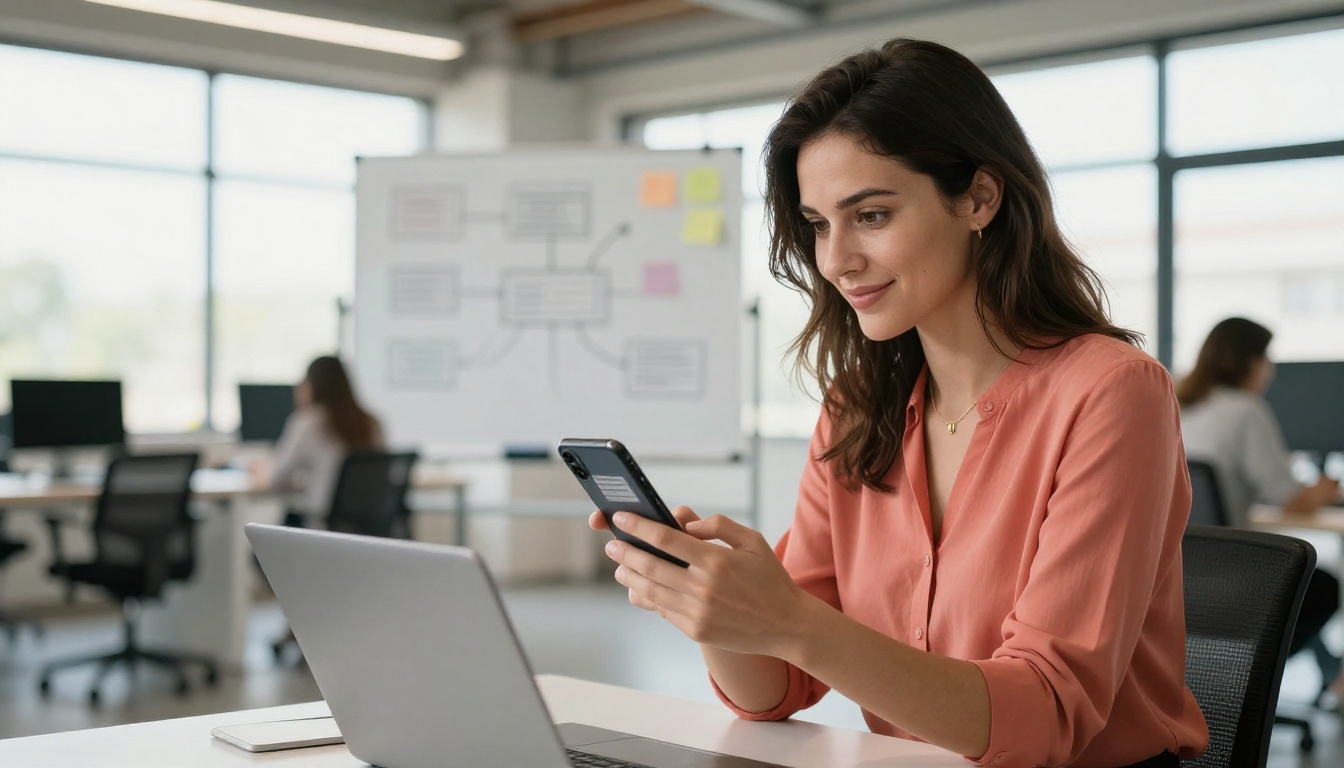 Professional woman smiling as she reviews her flipbook on a smartphone in a bright co-working space