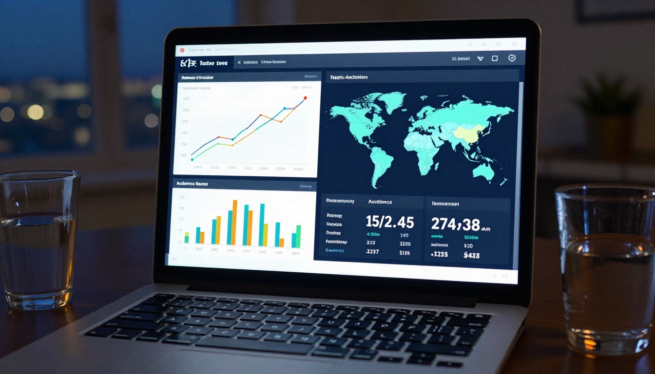 Analytics dashboard on a laptop screen showing reader data, geographic reach, and time-per-page statistics