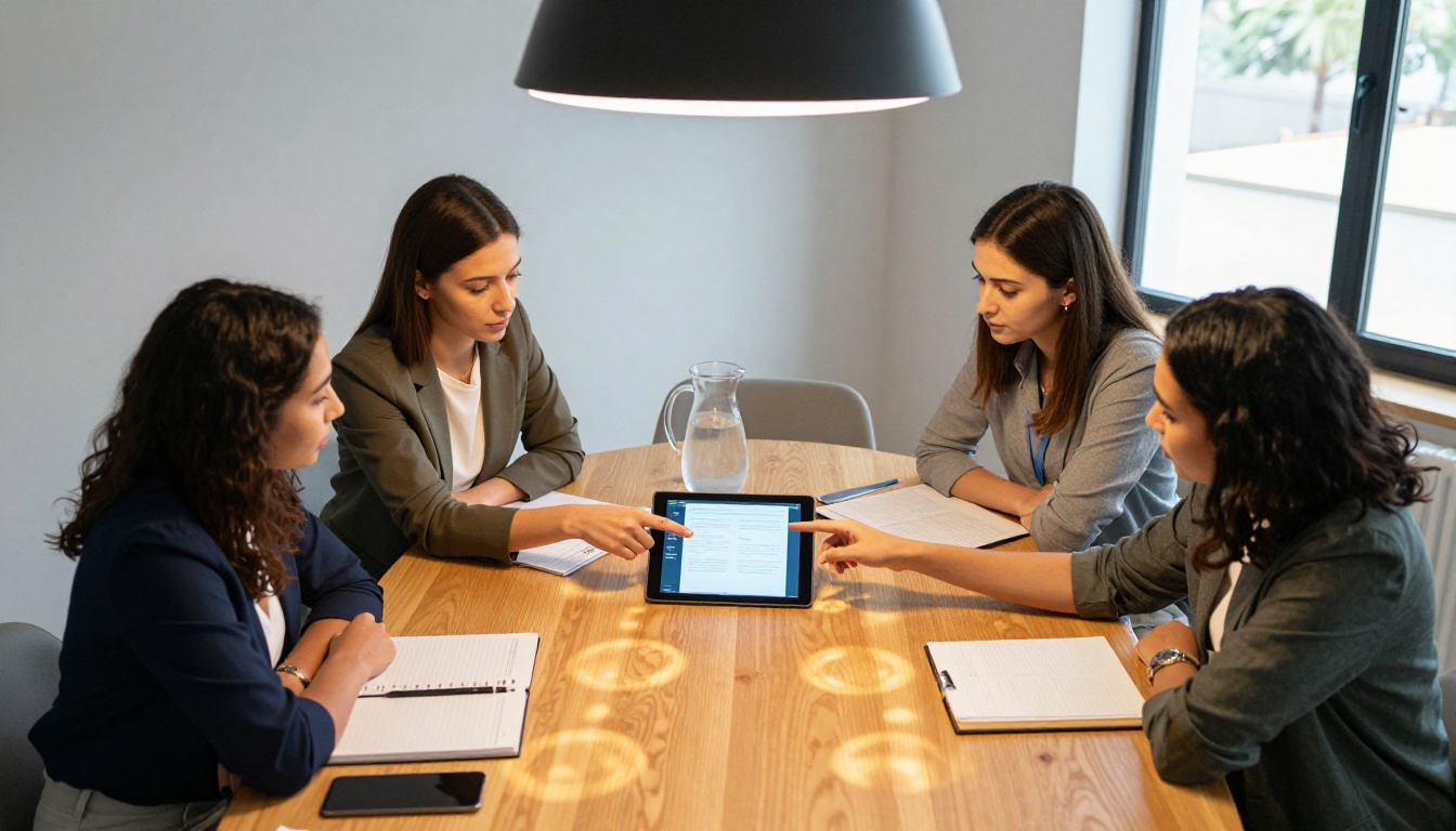 Diverse team of three professionals gathered around a conference table reviewing a flipbook on a tablet