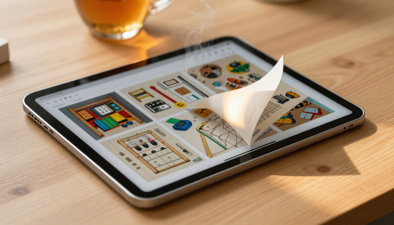 Tablet on a wooden table displaying a digital flipbook page mid-turn with colorful workshop materials and frameworks visible