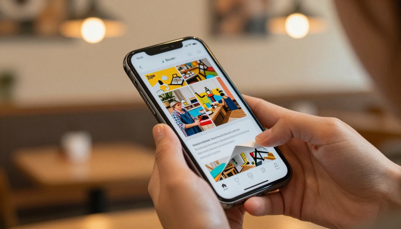 Woman holding a smartphone in a café showing a digital flipbook page with colorful workshop content mid-scroll Woman holding a smartphone in a café showing a digital flipbook page with colorful workshop content mid-scroll